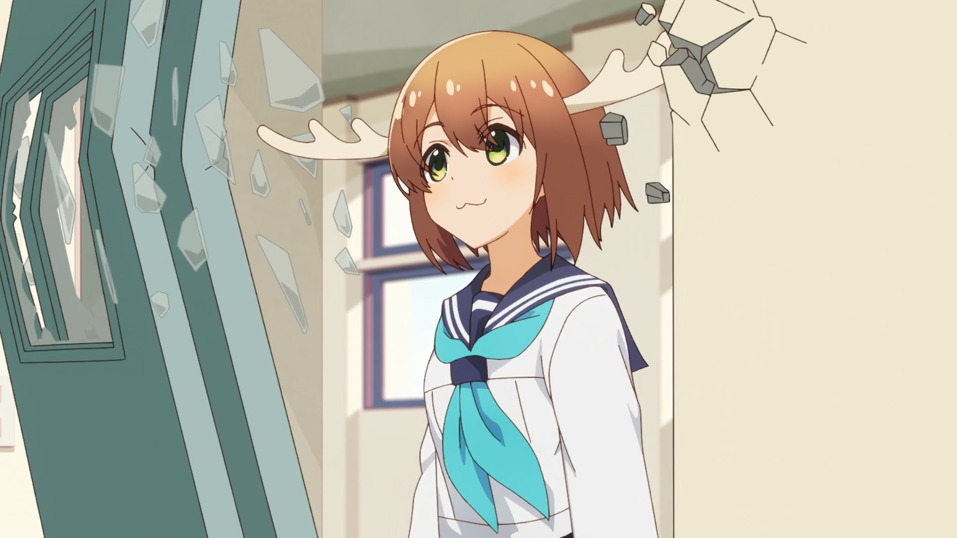 Nokotan making her entrance into the classroom, her antlers too big for the door, destroying the wall